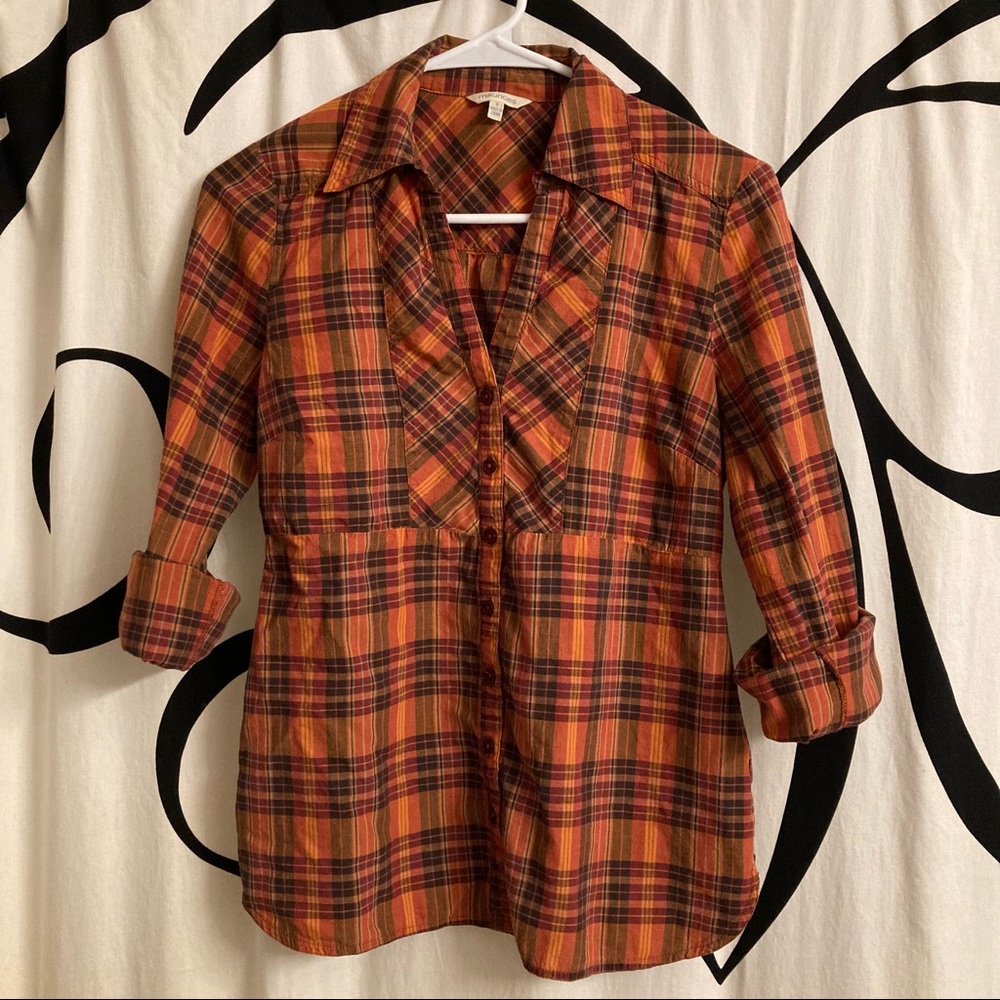 Orange plaid button down fitted blouse